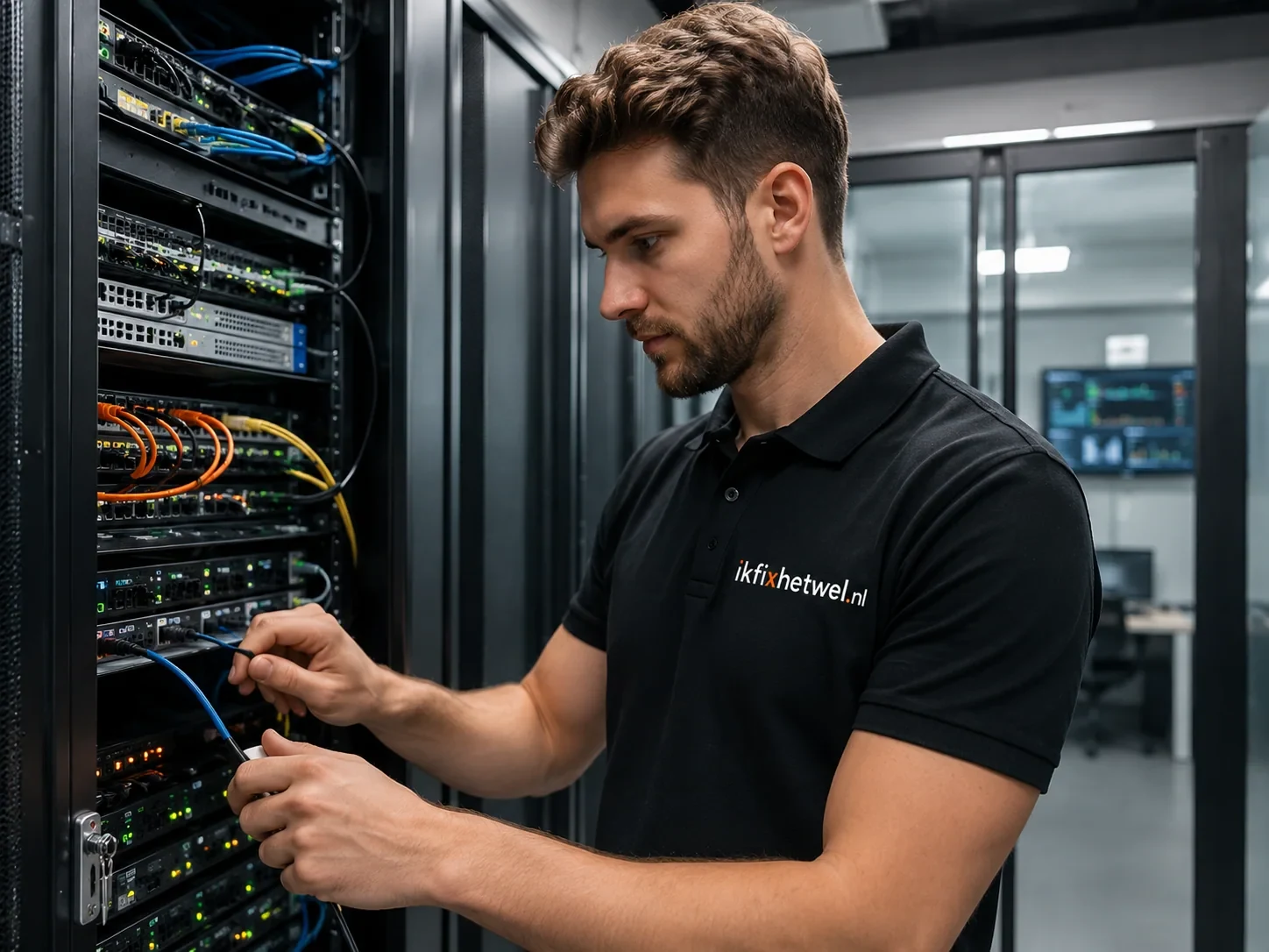 Zakelijke IT-specialist werkt aan netwerkapparatuur